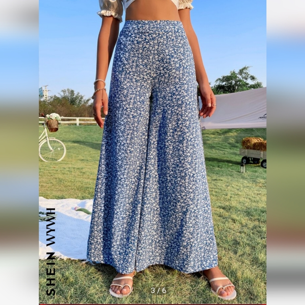 SHEIN Wide Leg Palazzo Pant Large Ditsy Floral Print Blue NWOT High Waist - Picture 4 of 12